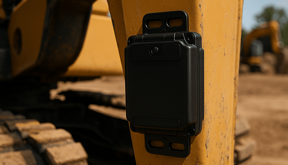 Heavy-duty GPS tracking device mounted on construction equipment for real-time asset monitoring and theft prevention.