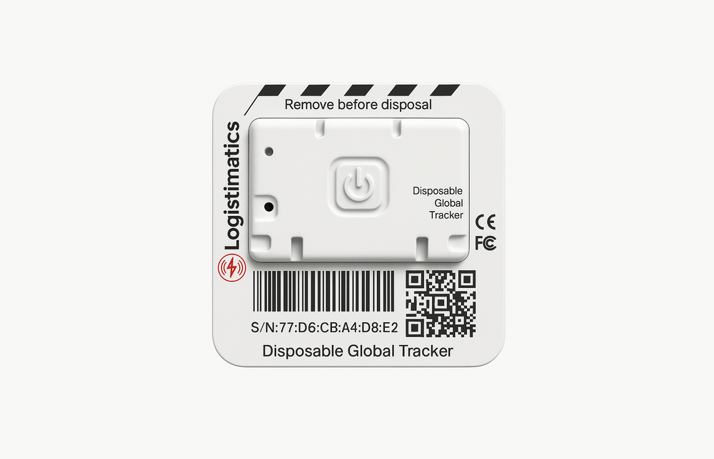 Disposable global tracker with barcode and QR code on a white background