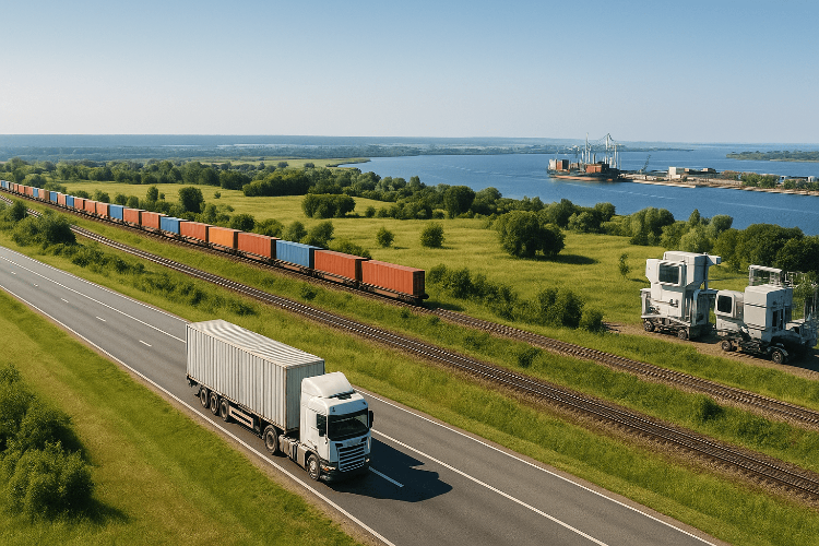 Freight logistics landscape with cargo truck on highway, train with containers on railway, and shipping port with vessels.