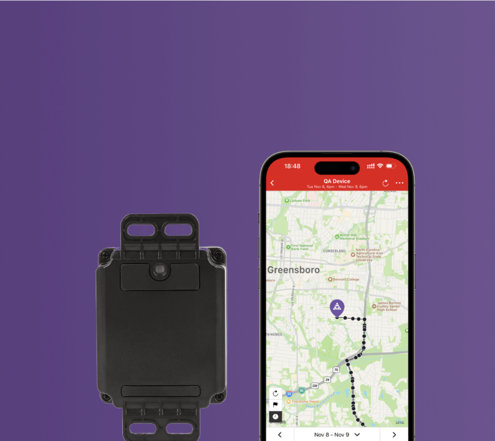 Logistimatics GPS tracker displayed next to mobile app screen with live map showing real-time location tracking in Greensboro.