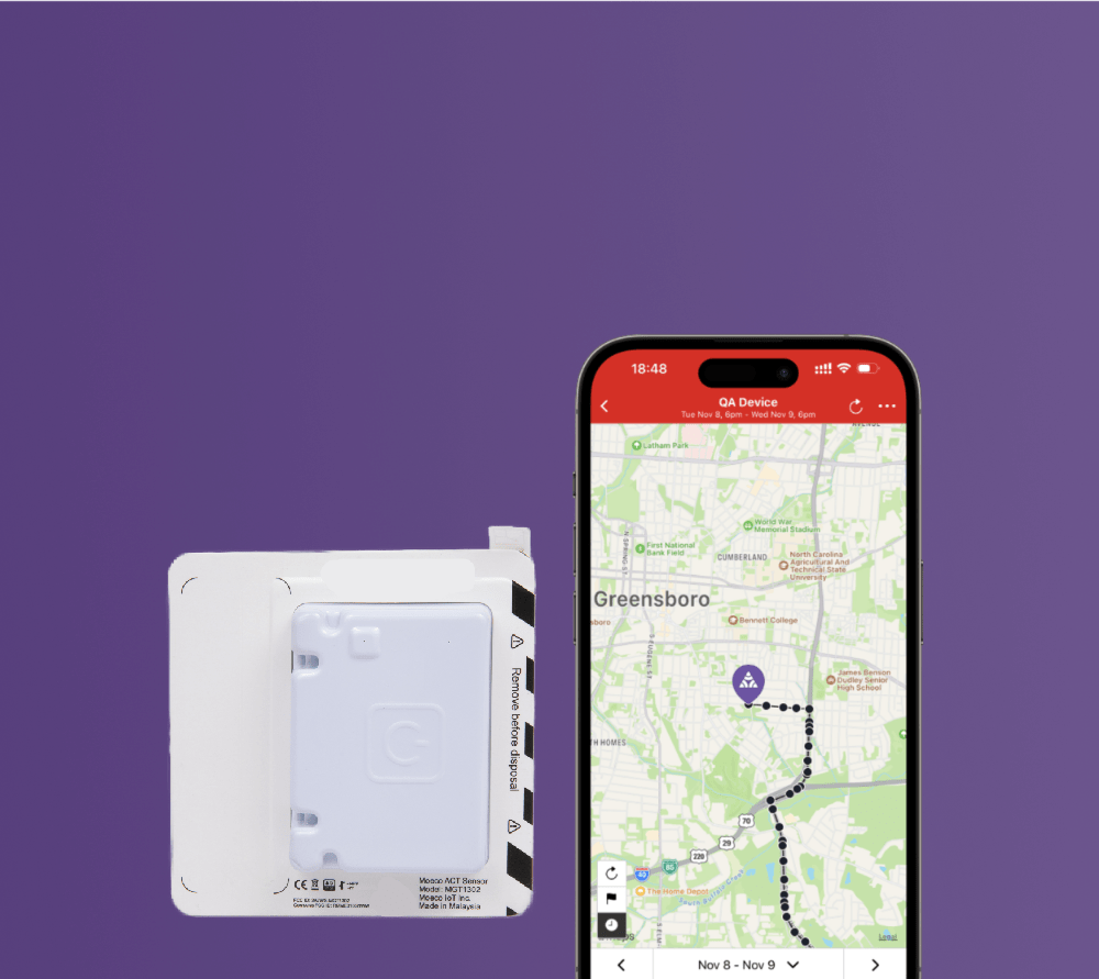 Logistimatics disposable shipment tracker with a map on a smartphone screen against a purple background