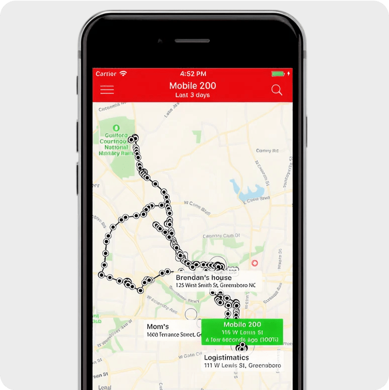 Mobile app showing GPS tracking history on map with detailed route and location points for real-time monitoring
