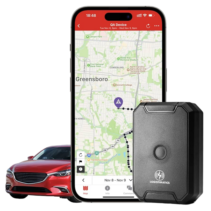 Logistimatics GPS tracker and mobile app with live route map, shown next to red car for real-time vehicle tracking and security.”