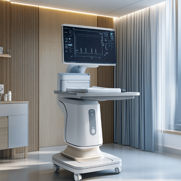 Modern hospital patient monitor with ECG display on mobile medical cart in clinical room.