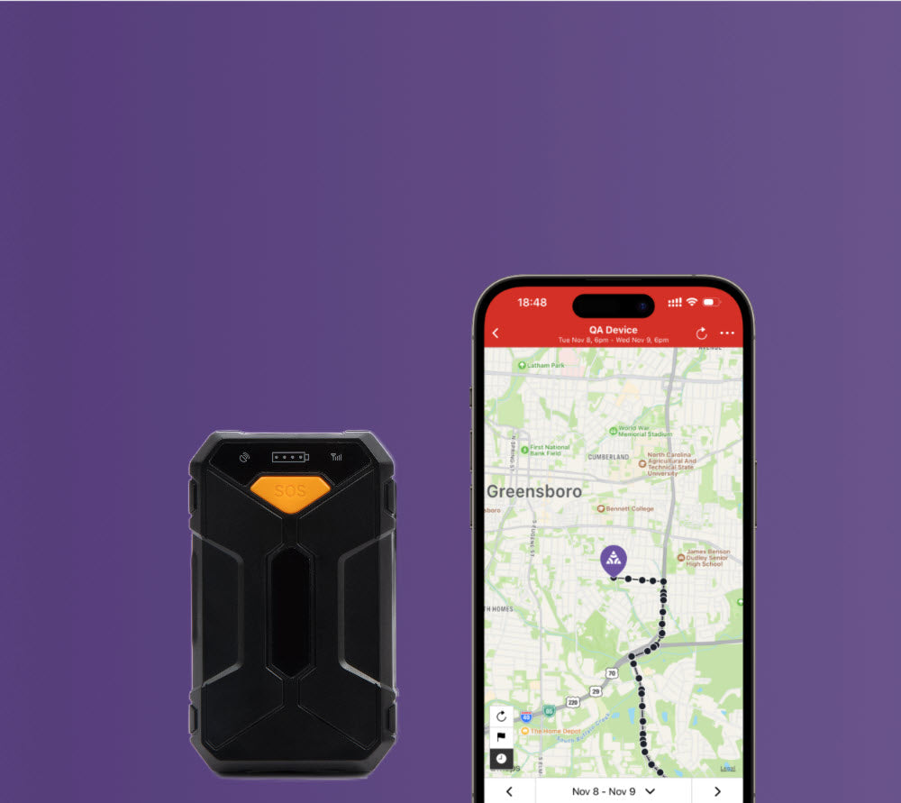 Black rugged device next to a smartphone displaying a map on a purple background