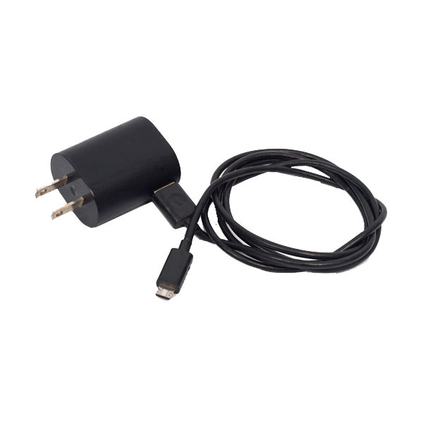 Black plug adapter with Mini-USB cable on a white background