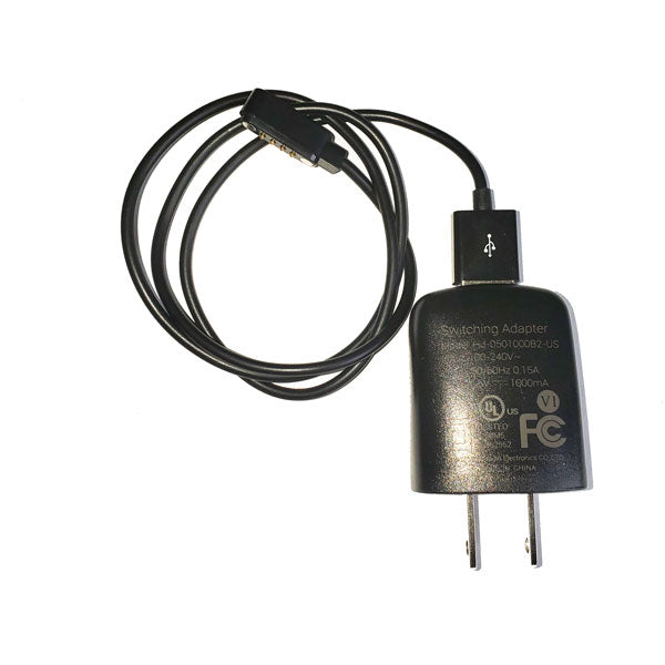 Black charging adapter with a charging cable on a white background