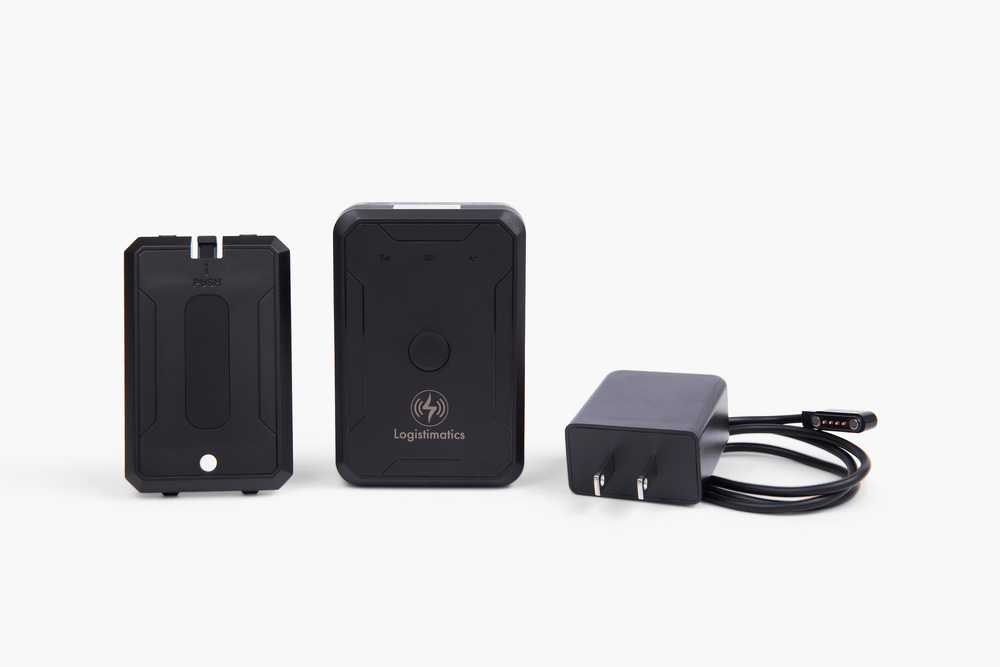 Set of electronic devices including a black box, a power adapter with cable, and a smaller black device on a white background.