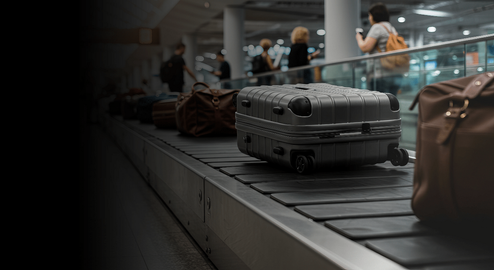 Suitcases on airport baggage claim carousel highlighting luggage tracking and GPS travel security.