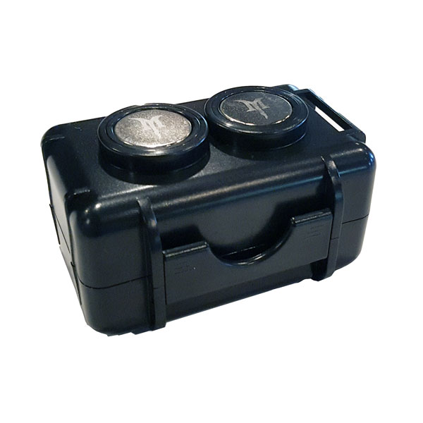 Black case with two circular magnets on a white background