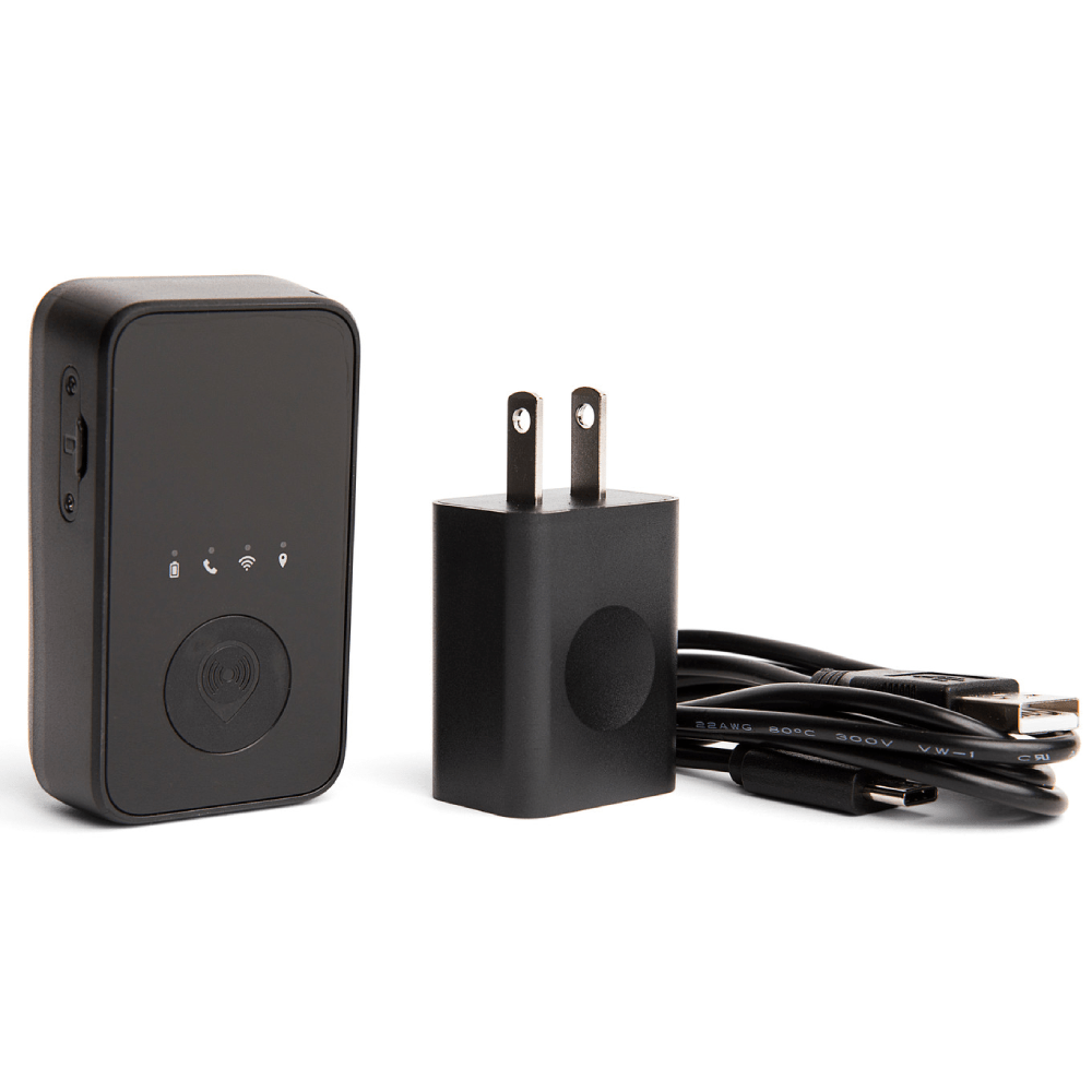 Logistimatics GPS tracker with wall charger and USB cable – reliable real-time tracking device for cars, assets, and personal safety.