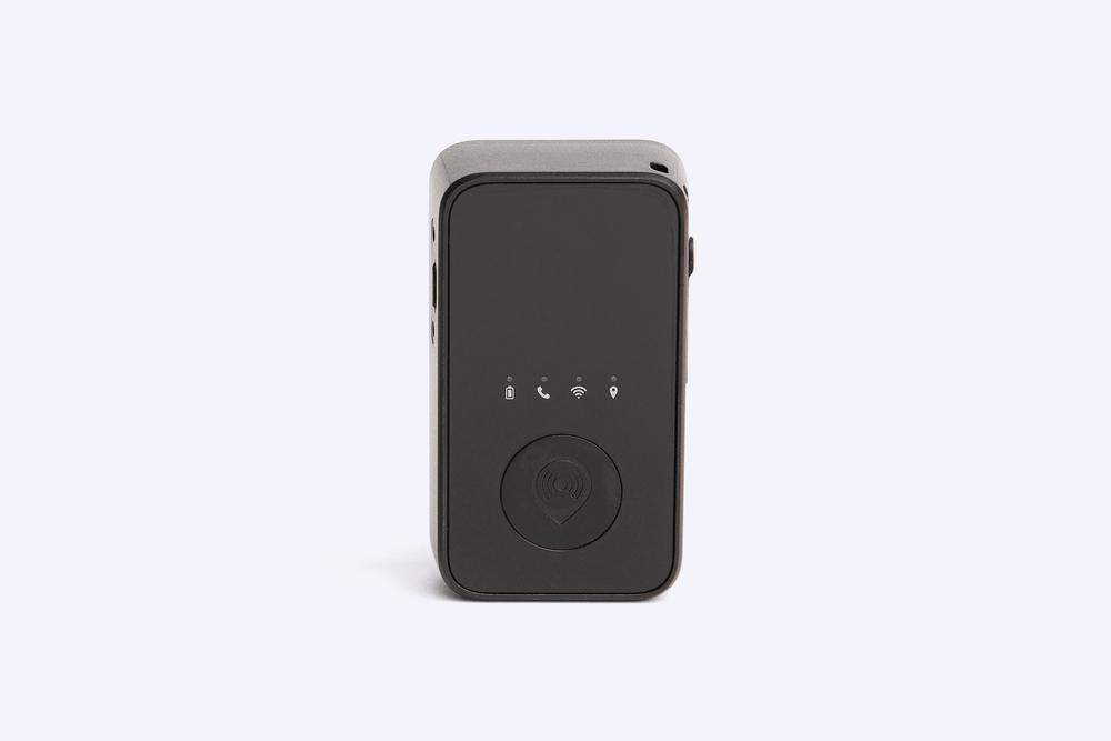 Black GPS tracking device with status indicator icons for battery, call, WiFi, and location, featuring a round SOS button on the front panel