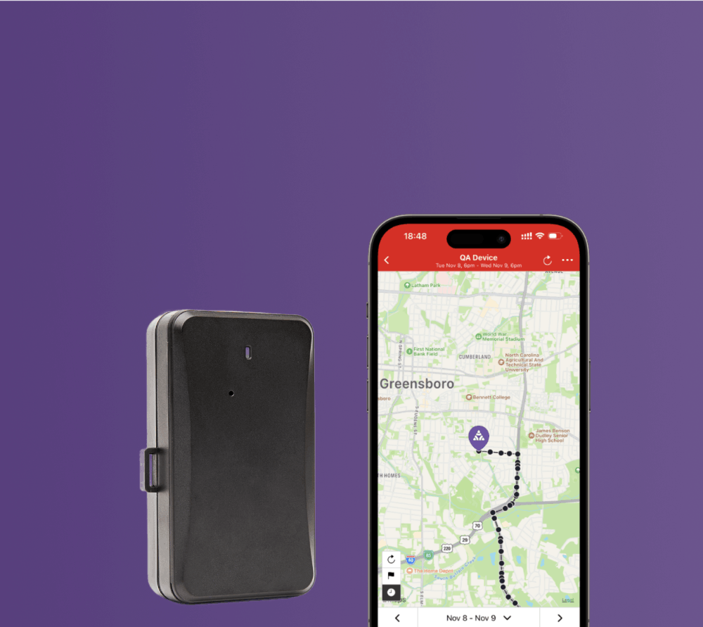 GPS tracker device next to a smartphone displaying a map on a purple background