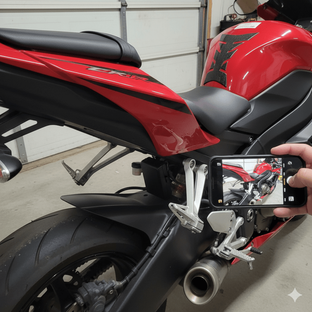 Red motorcycle with a GPS mounted on a stand, showing a close-up of the bike.