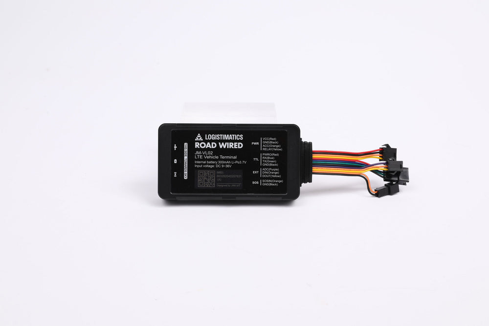 Black GPS device with wires on a white background