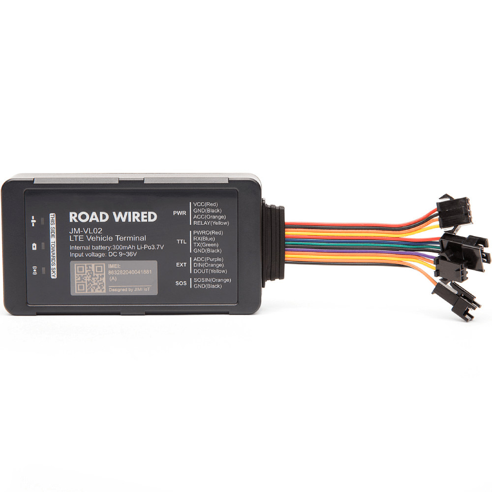 Road Wired LTE vehicle GPS tracker with wiring harness, designed for real-time fleet tracking and vehicle monitoring.