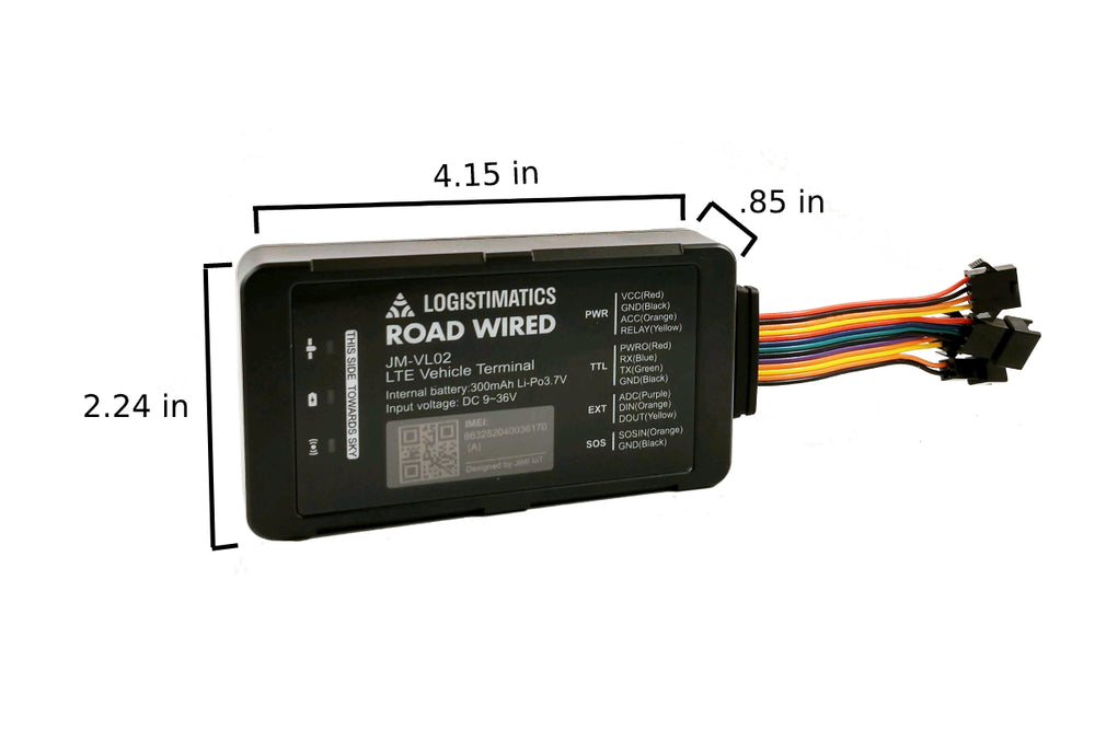 Logistimatics GPS device with dimensions labeled on a white background