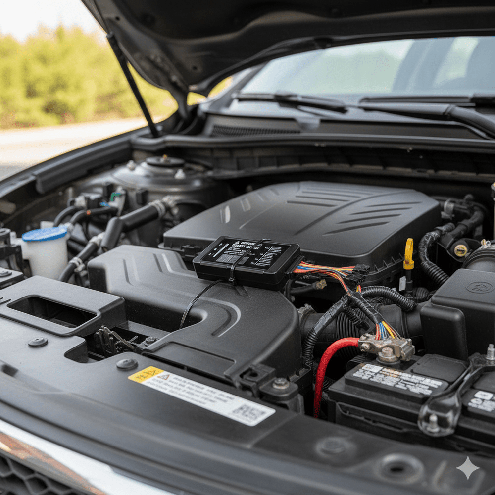 Car engine compartment with GPS wired to battery and various components visible