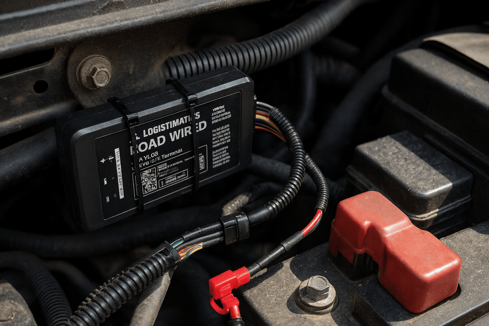Close-up of a vehicle's battery and wiring harness with a Logistimatics GPS RoadWired device.