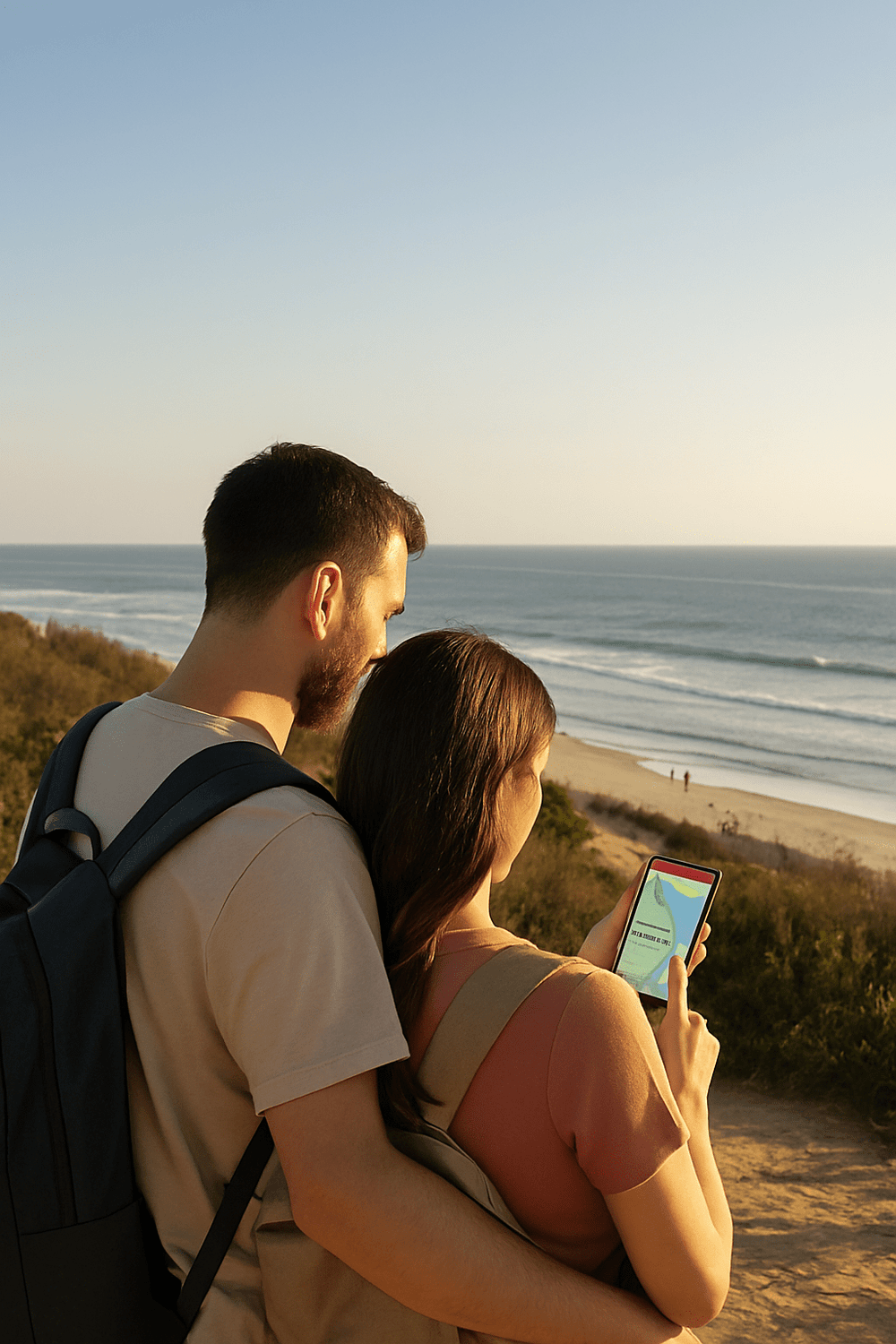 Couple standing on a beachside trail looking at a smartphone with GPS map, representing personal safety and real-time GPS tracking for travelers.