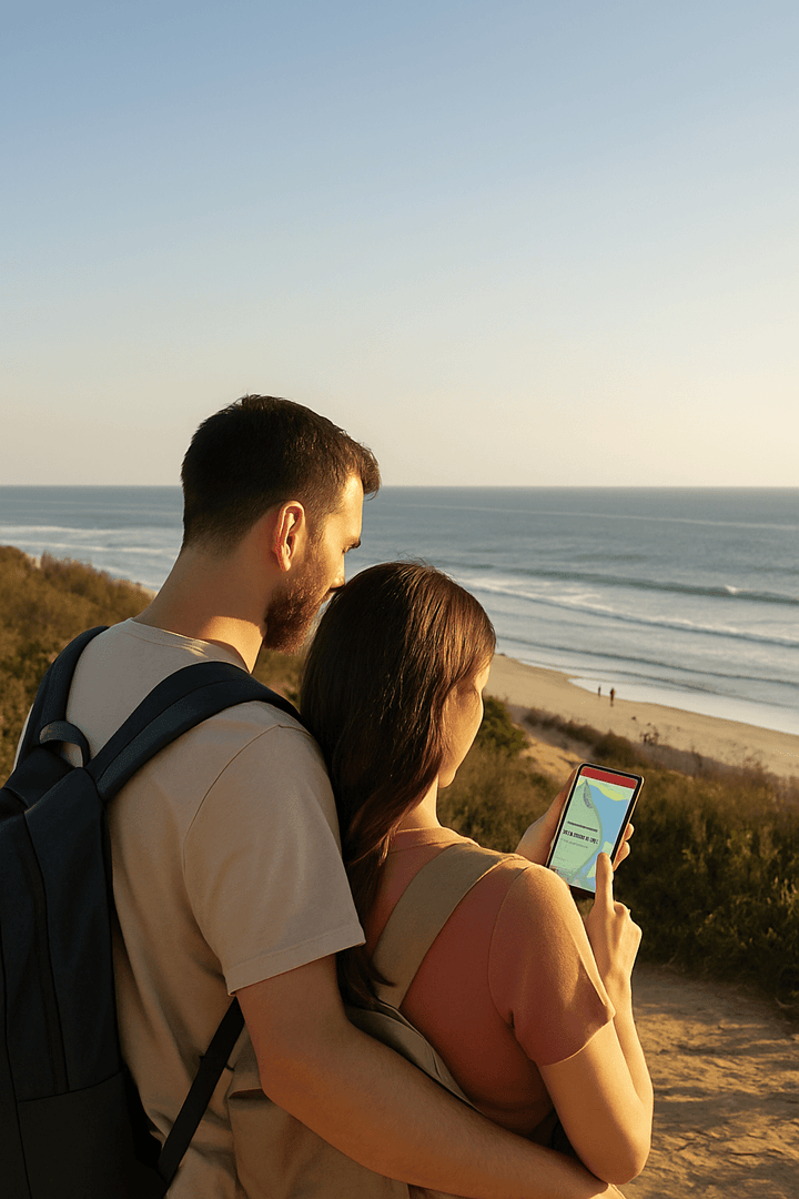 Couple standing on a beachside trail looking at a smartphone with GPS map, representing personal safety and real-time GPS tracking for travelers.
