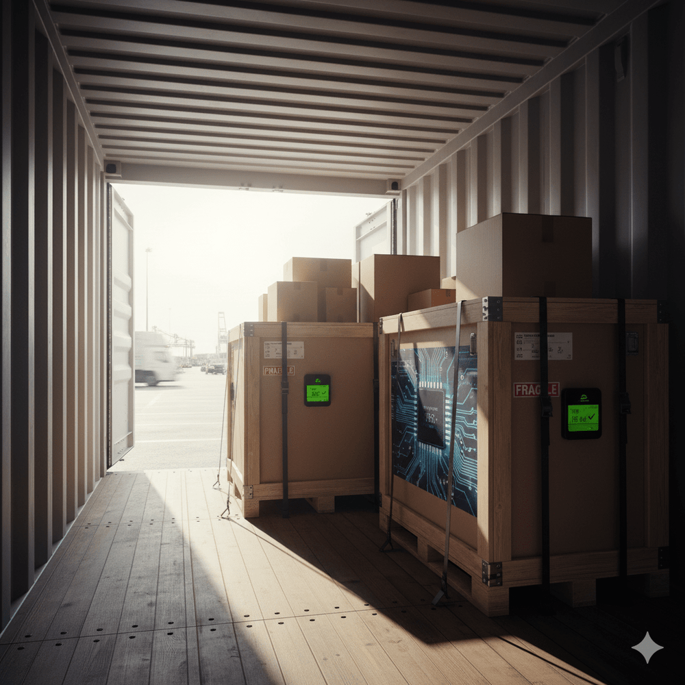 Wooden crates with temperature monitors inside a shipping container