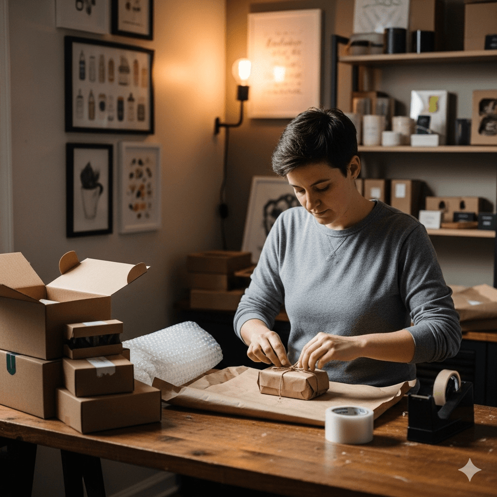 Person packaging a product in a home office setting
