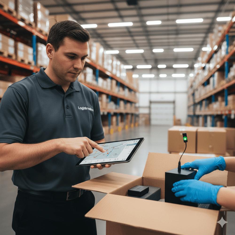 Person in a warehouse using a tablet to check inventory or package information.