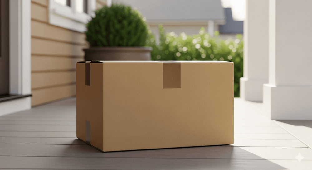 Cardboard box on a porch with a house and greenery in the background