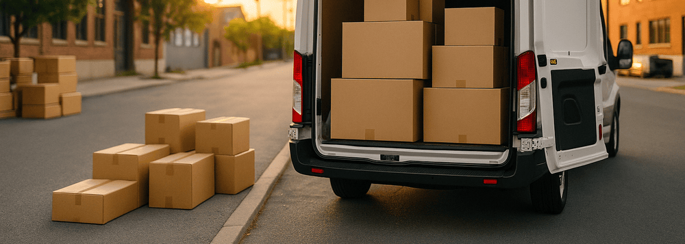 Van with cardboard boxes on a street, indicating delivery or shipping activity.