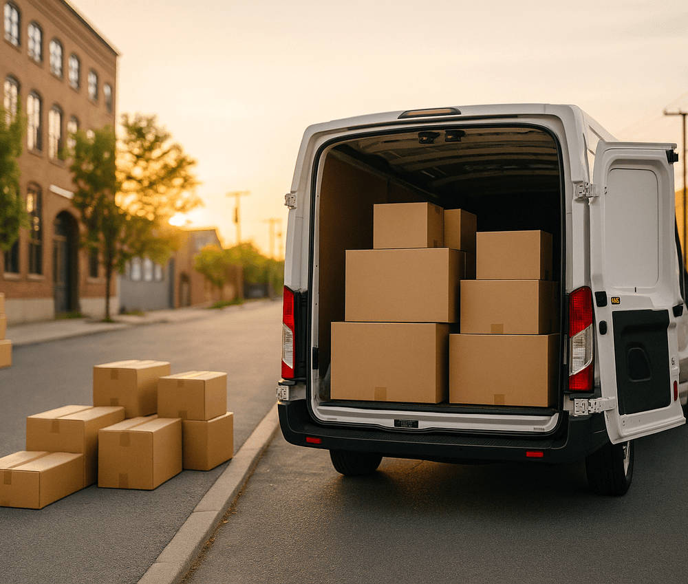 Van with cardboard boxes on a street, indicating delivery or shipping activity.
