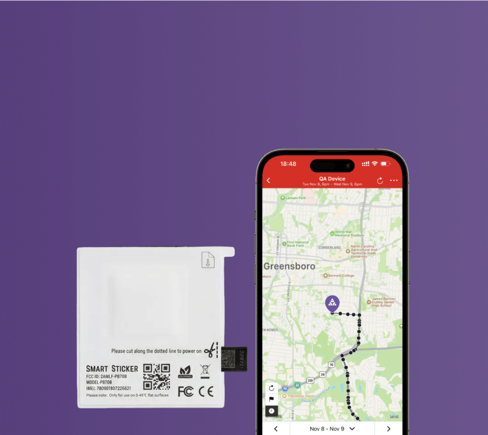Smart sticker and smartphone with map application on a purple background