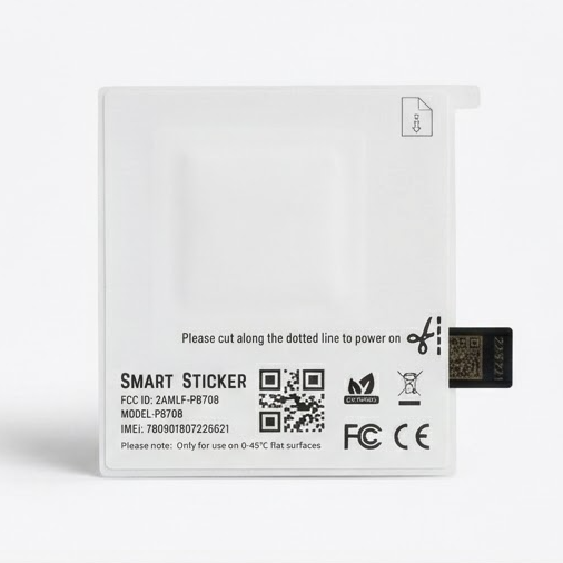 Smart sticker with cut line and label on a white background