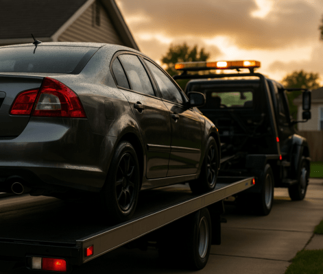 Car being towed on a flatbed trailer with a sunset in the background