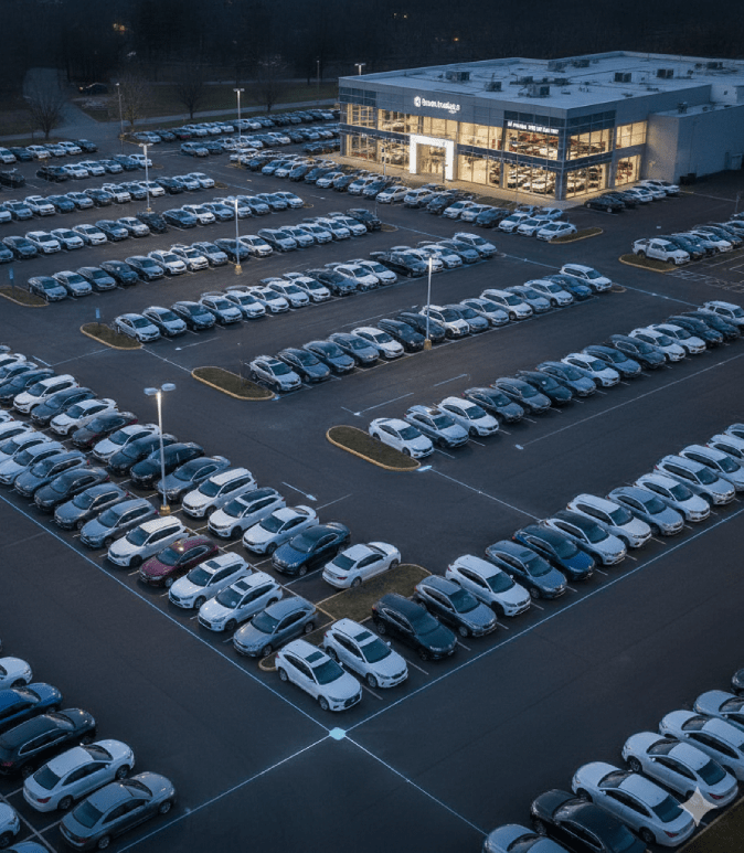 Large car dealership parking lot filled with rows of vehicles at dusk with showroom lights on.