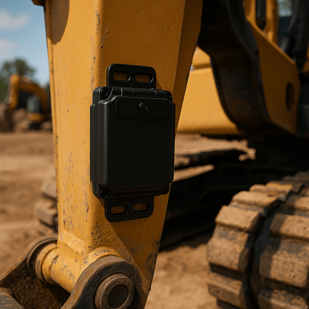 GPS tracking device securely mounted on yellow construction excavator for heavy equipment tracking and theft prevention.