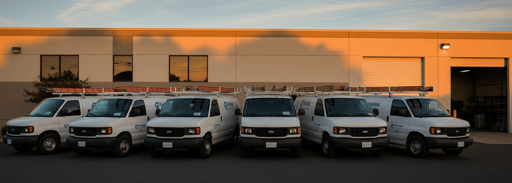 Fleet of white service vans with ladders parked outside a warehouse at sunset.