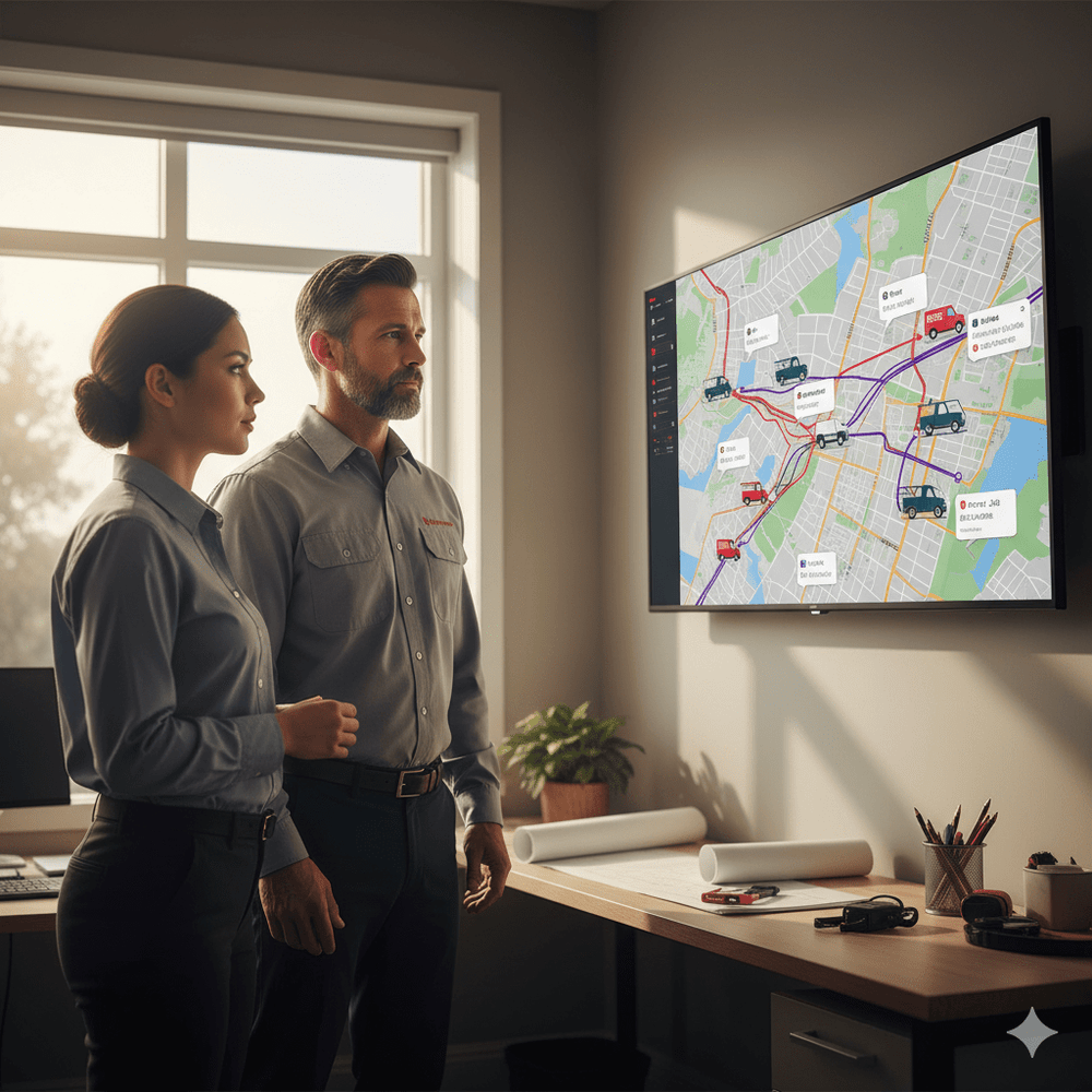 Two fleet managers in uniform reviewing live GPS tracking data on a large wall-mounted screen, showing real-time vehicle locations and routes across a city map.