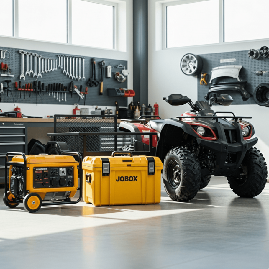 All-terrain vehicle, portable generator, and yellow Jobox storage case in a modern garage workshop with organized tools on the wall.