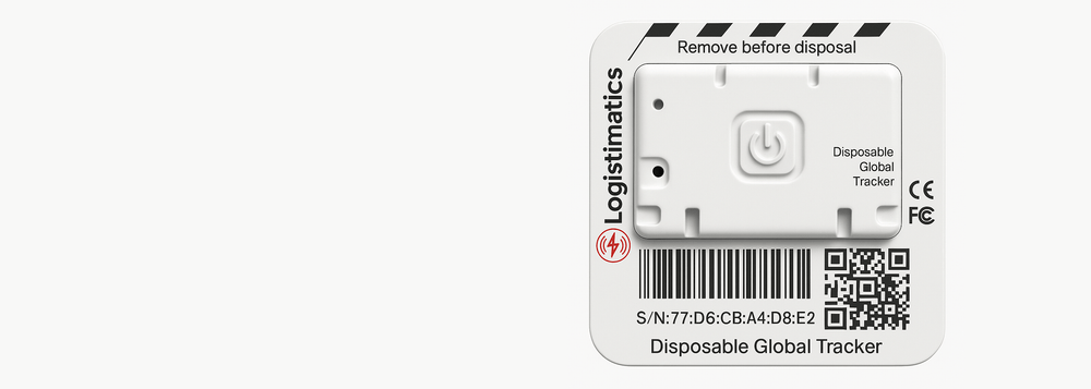 Disposable global tracker with branding and specifications on a white background