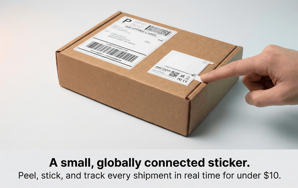 Cardboard box with a small globally connected sticker being pointed to by a hand on a light gray background.