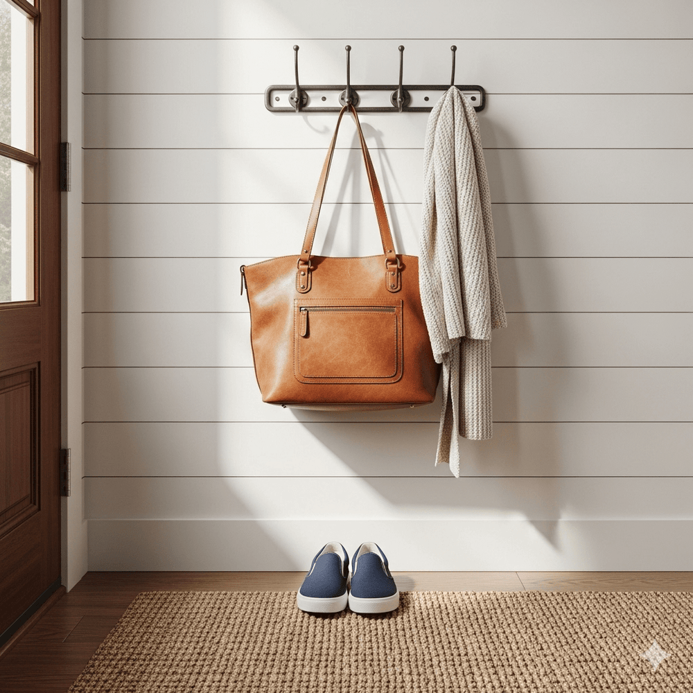 Leather handbag hanging on wall hook in a tidy home entryway with coat and shoes, representing organized storage and home safety.
