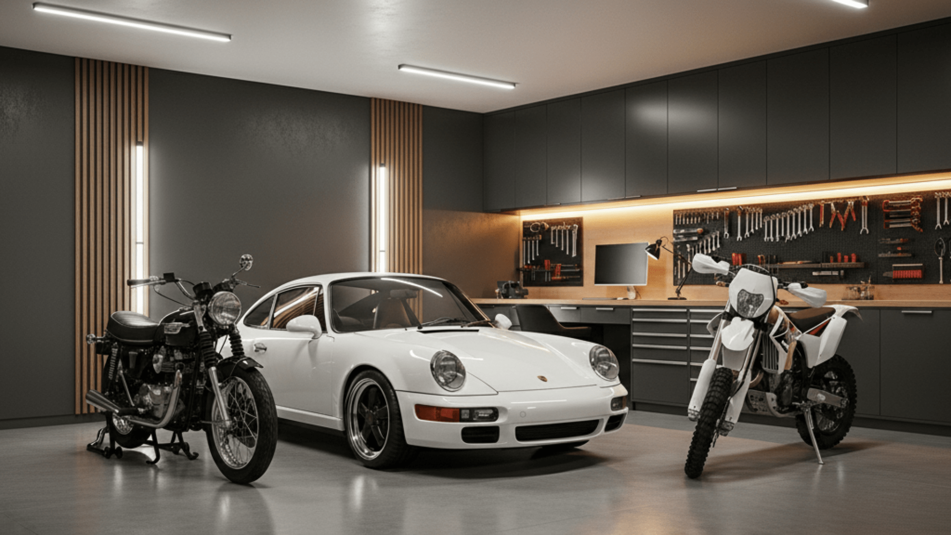 Modern luxury garage featuring a white Porsche sports car and two motorcycles, surrounded by sleek cabinetry, a workstation, and a well-organized wall of tools.