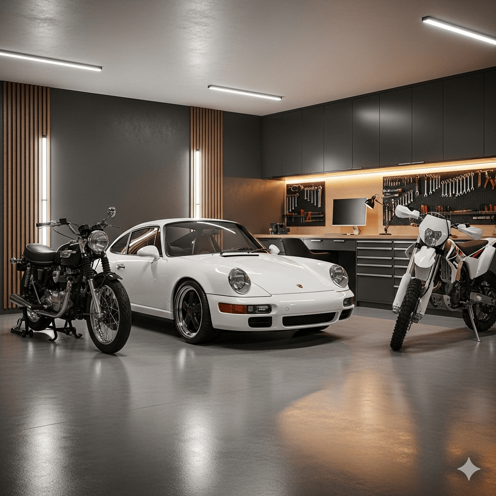 Modern garage with a classic white sports car, vintage motorcycle, and dirt bike parked alongside a wall of organized tools.