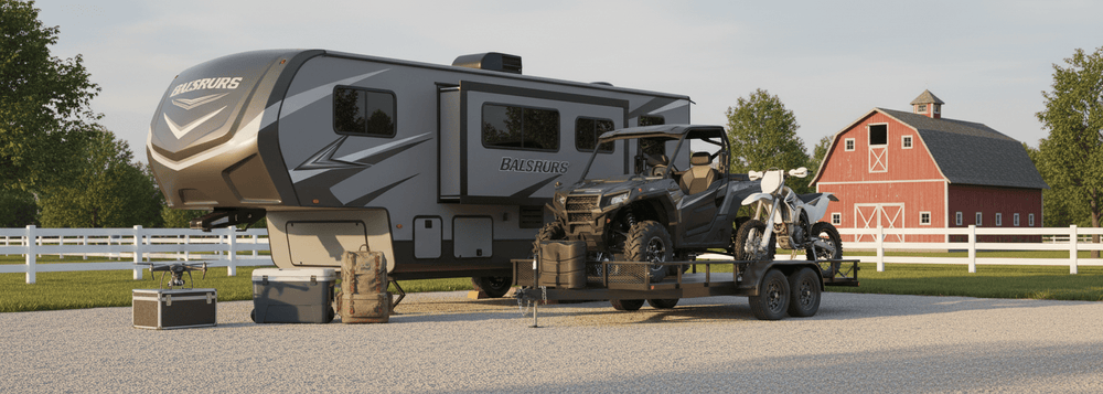 RV camper with ATV, dirt bike, and travel gear parked near a red barn, showcasing personal belongings tracking and outdoor adventure equipment.
