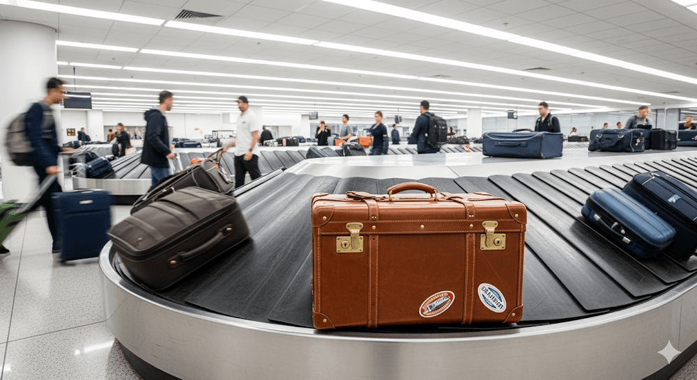 Brown vintage suitcase with travel stickers on airport baggage carousel among black and blue luggage, representing personal belongings tracking and travel security.