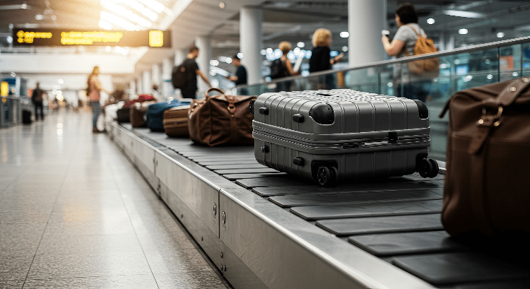 Suitcases on an airport baggage carousel representing personal belongings tracking for lost or delayed luggage.