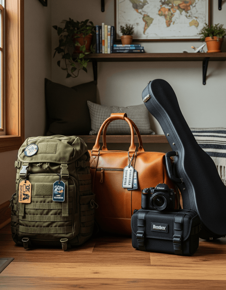 Travel essentials including a green backpack, brown leather duffel bag, black guitar case, and camera gear arranged in a cozy home setting with a world map and bookshelf in the background.