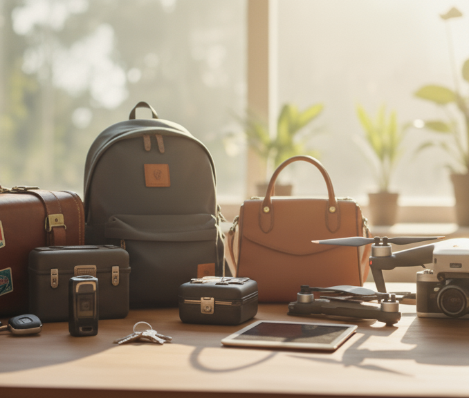 Collection of personal belongings including suitcase, backpack, handbag, camera, drone, tablet, and keys neatly arranged on a wooden table with plants in the background.