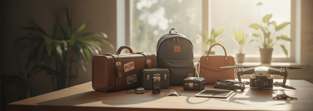 Collection of personal belongings including suitcase, backpack, handbag, camera, drone, tablet, and keys neatly arranged on a wooden table with plants in the background.